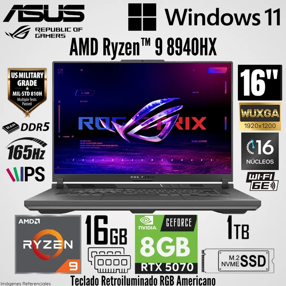 ASUS - Laptop Asus ROG STRIX G16 G614PP AMD Ryzen 9 8940HX 16GB RAM 1TB SSD RTX 5070-8GB 16"  WUXGA 165 Hz