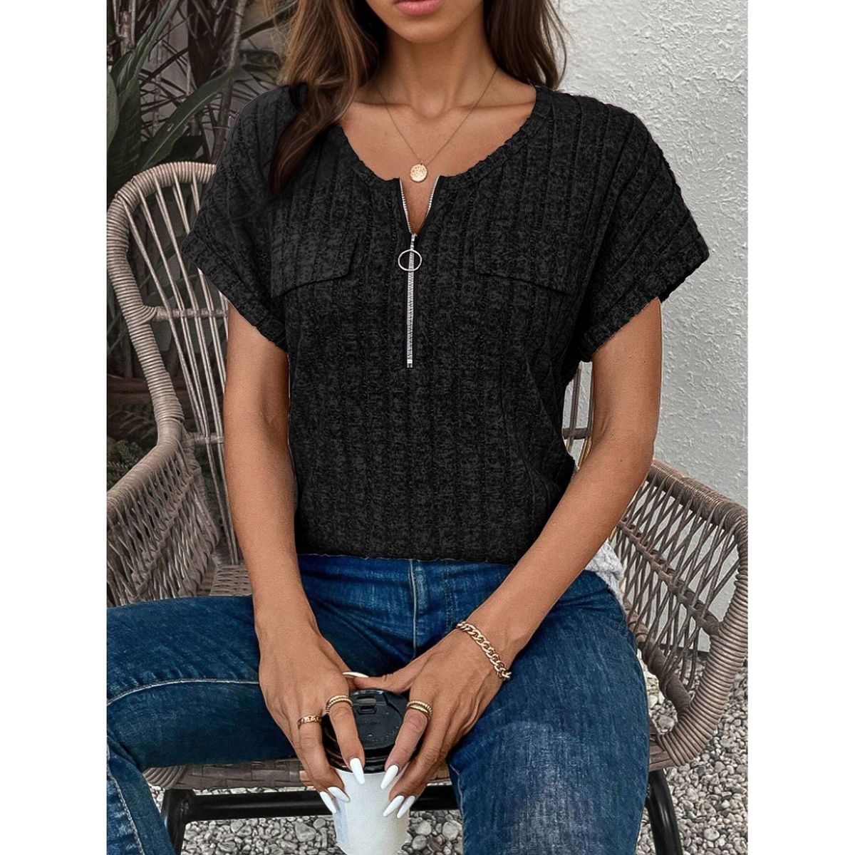 TIOZONEY - Blusa holgada con cremallera-Negro