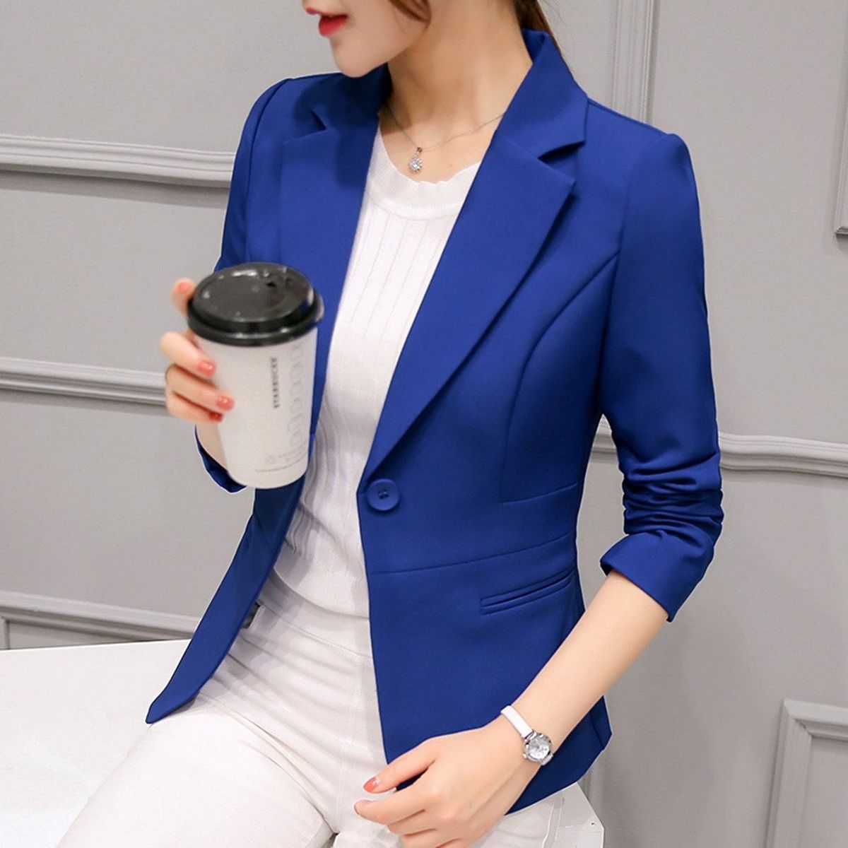 TIOZONEY - Blazer para Mujer Azul
