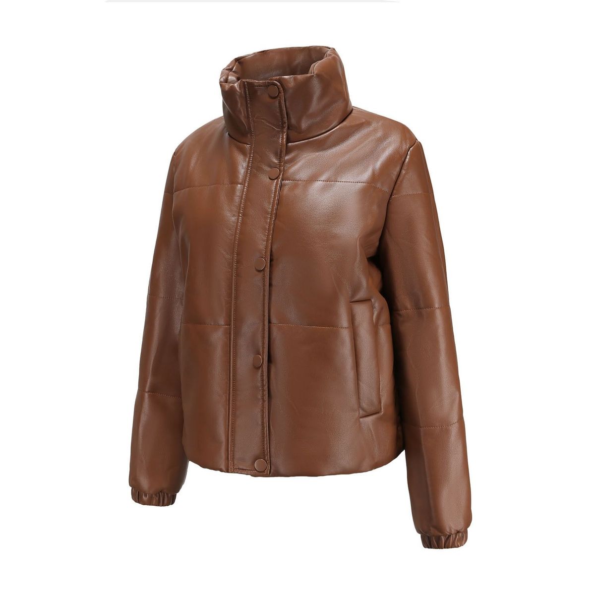TIOZONEY - Chaqueta de PU de moda engrosada de mujer - Café