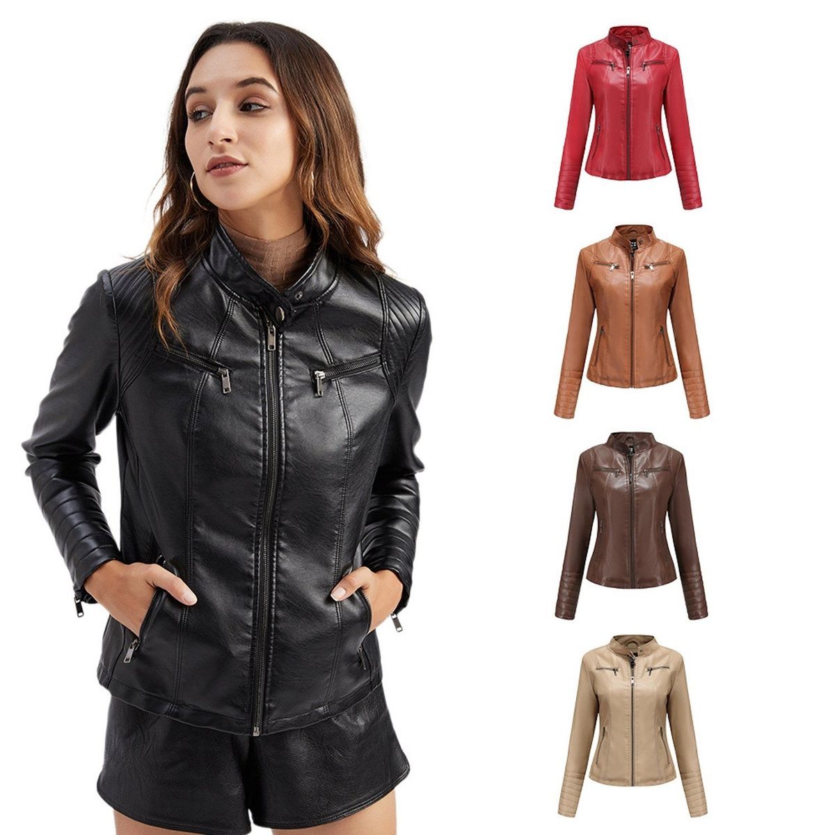 TIOZONEY - Chaqueta de PU casual PU cuello alto - Negro