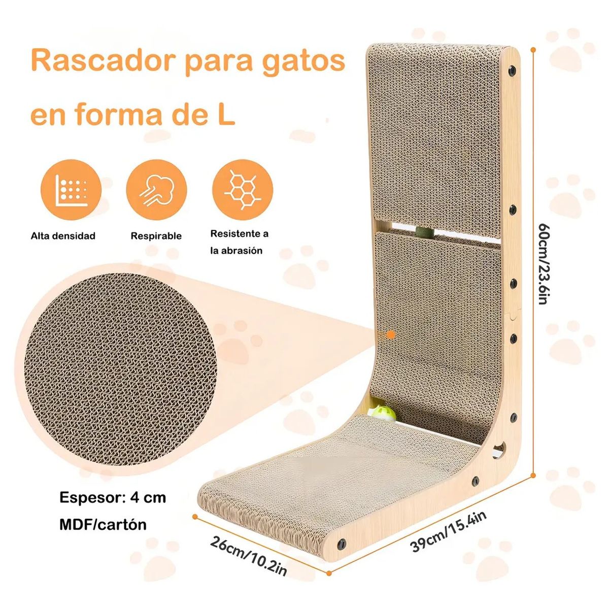 Rascador De Gato En Forma De L Con Pelota Juguete 60 x 39 x 26 cm, marca EVERSO - Foto 2