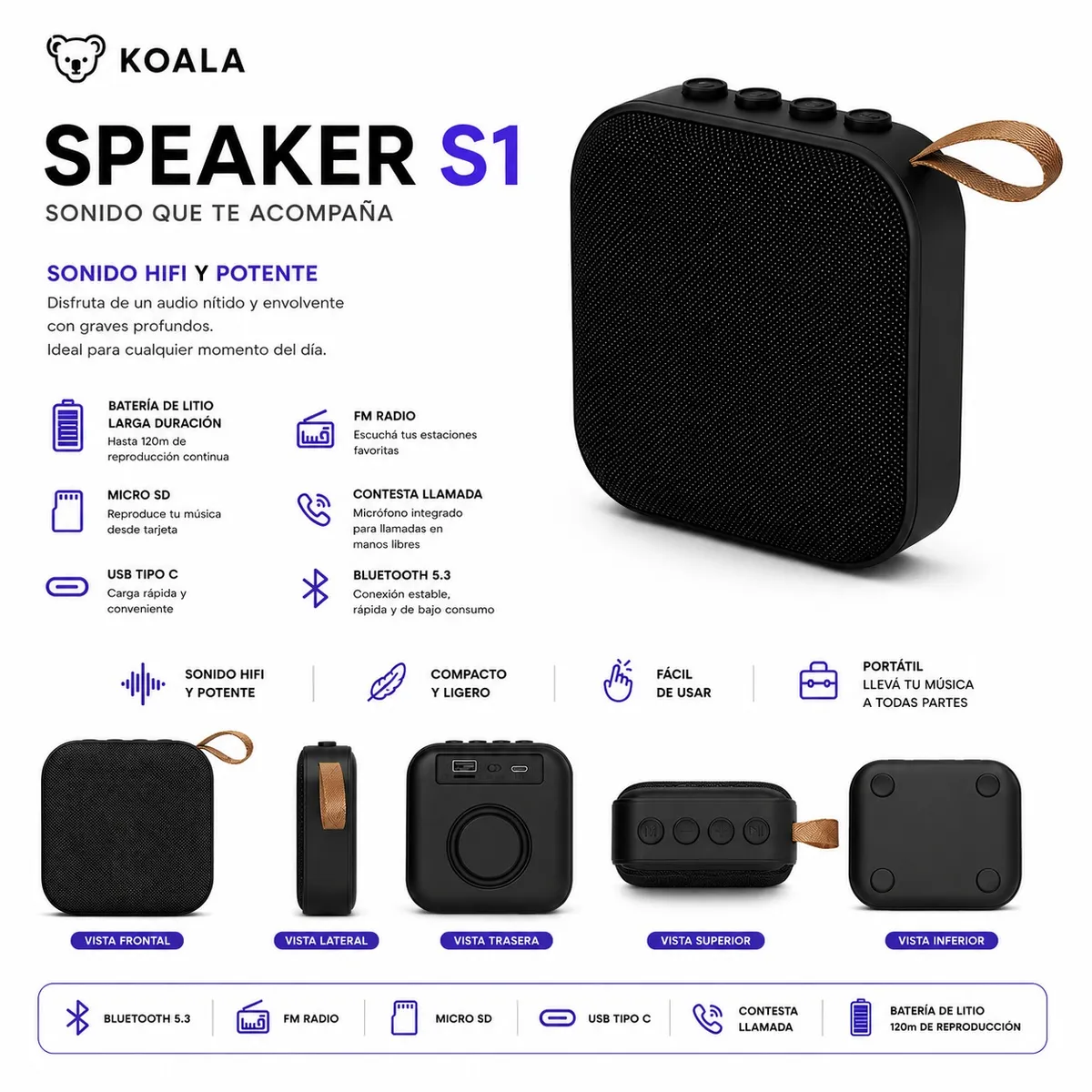 SPEAKER Bluetooth KOALA S1 / BT 5.3 / Portátil/ RADIO FM/ Micro SD/ USB Type C/ CONTESTA LLAMADA, marca KOALA - Foto Principal