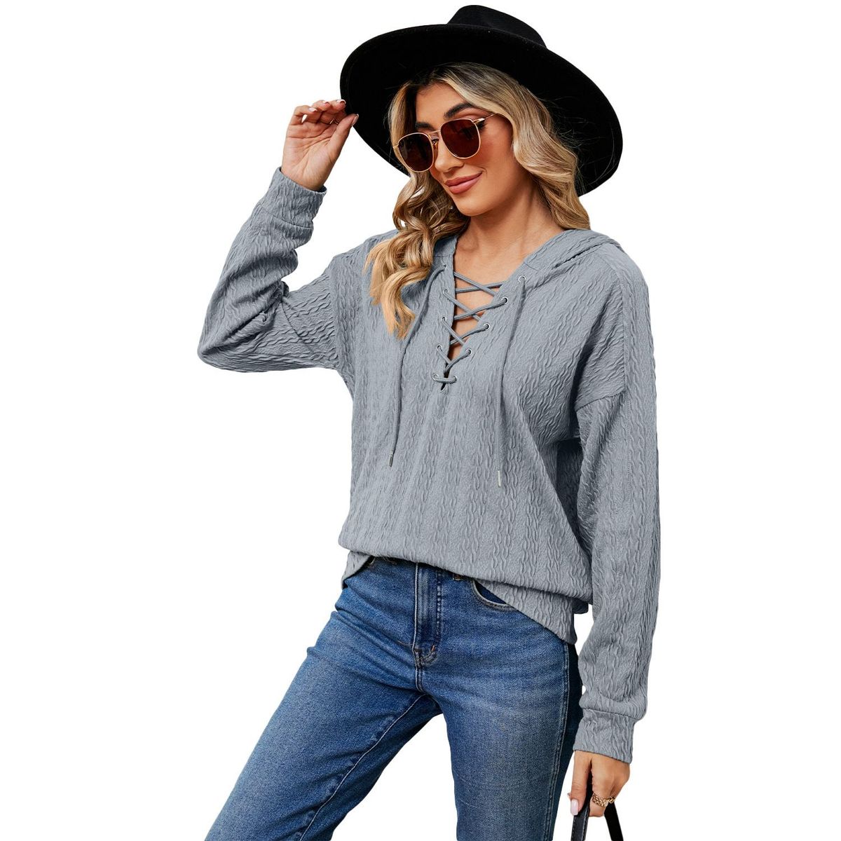 TIOZONEY - Sudadera con capucha y cuello de corbata para mujer