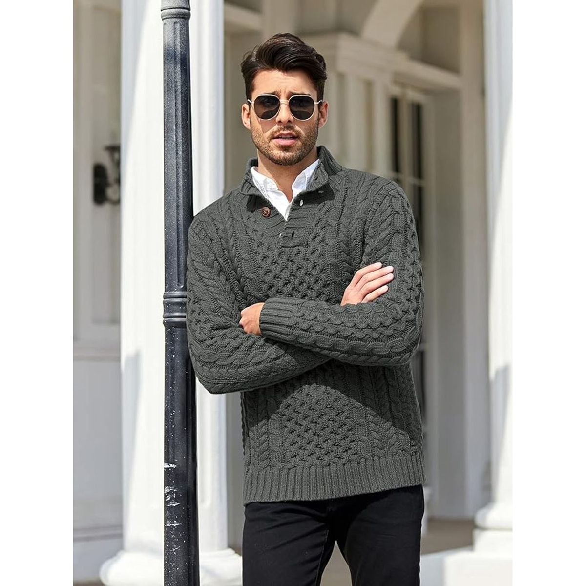 TIOZONEY - Suéter de hombre con cuello alto y botones