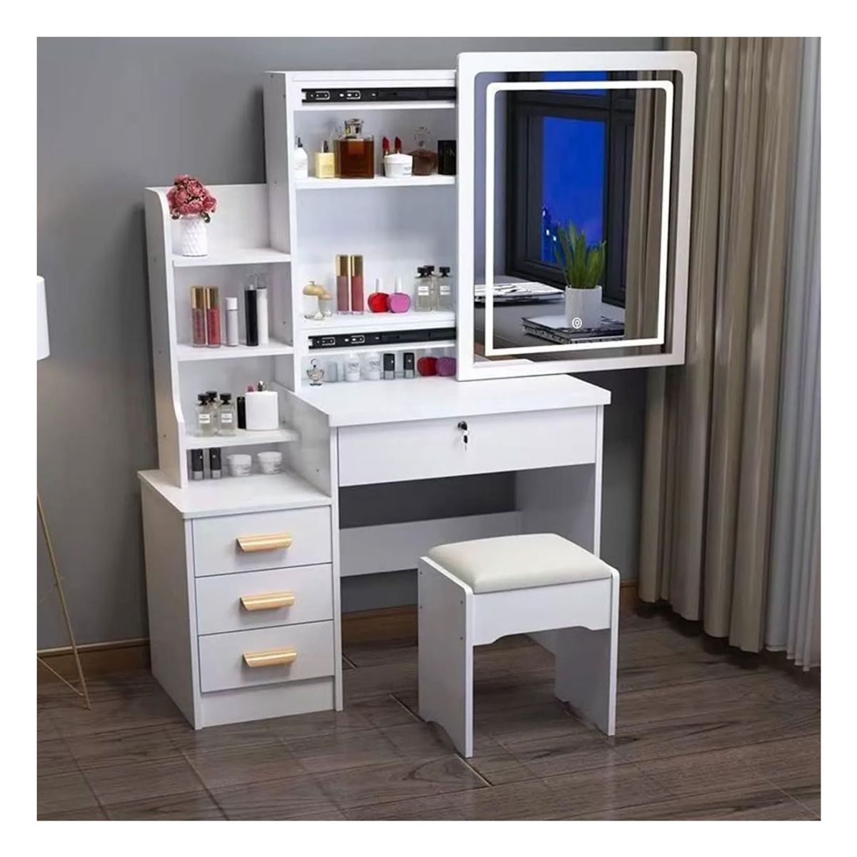 GENERICO - Tocador De Maquillaje Espejo Con Luz LED Taburete Para Dormitorio Blanco III