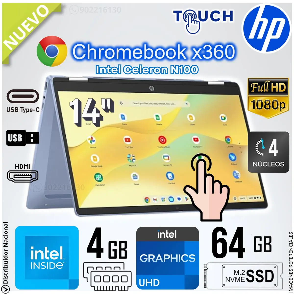HP - Laptop 2-IN-1 HP CHROMEBOOK X360 14 LCD HD táctil Intel® N100 4G RAM 64GB RAM 9G3C0UA