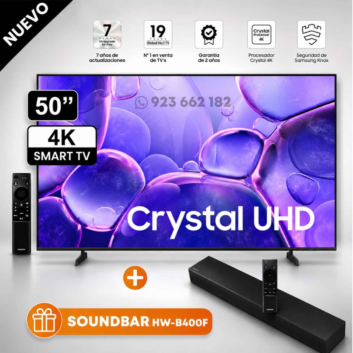 SAMSUNG - Televisor Samsung 50 Pulg Crystal 4K UHD UN50U8000FGXPE Smart TV Modelo Nuevo + Soundbar HW-B400