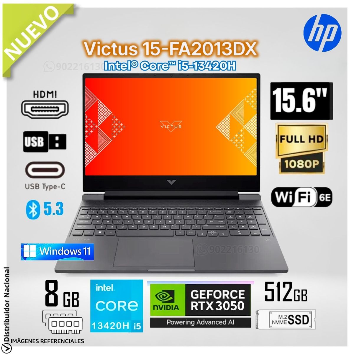 HP - Laptop Gamer HP Victus 15-FA2013DX Intel Core i5 13420H 8GB RAM 512GB SSD RTX 3050 6GB 15.6" FHD B95WHUA#ABA