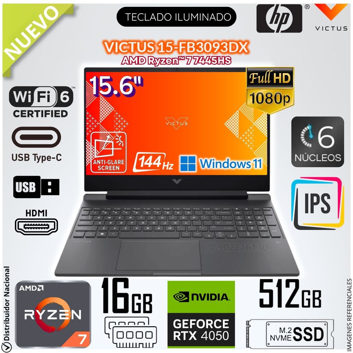 HP - Laptop Gamer HP VICTUS 15-FB3093DX 15.6" FULL HD 144Hz AMD Ryzen™ 7 7445HS RTX™ 4050 16GB RAM 512GB SSD BM4X8UA