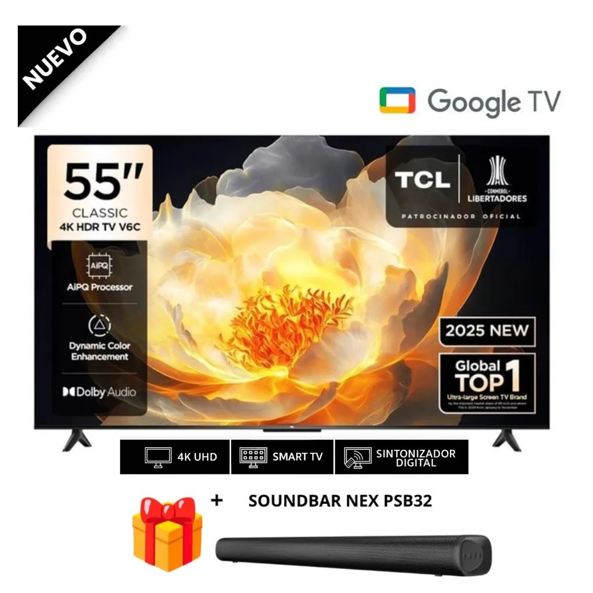 Televisor TCL 55” 4K HDR Google TV Smart TV 55V6C + Soundbar Nex, marca TCL - Foto Principal