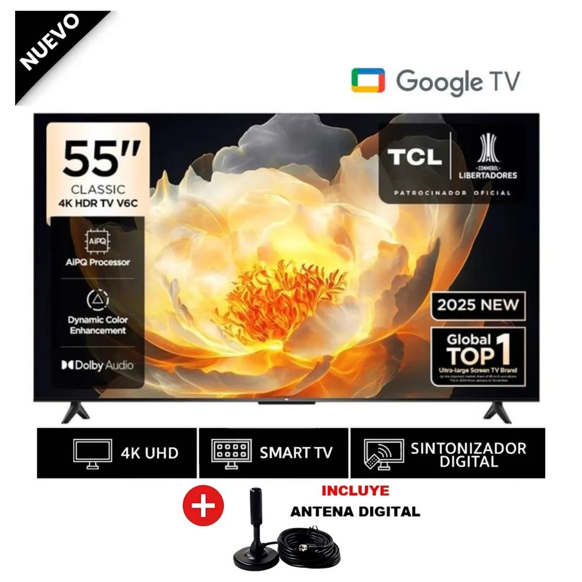 Televisor TCL 55” 4K HDR Google TV Smart TV 55V6C + Antena, marca TCL - Foto Principal