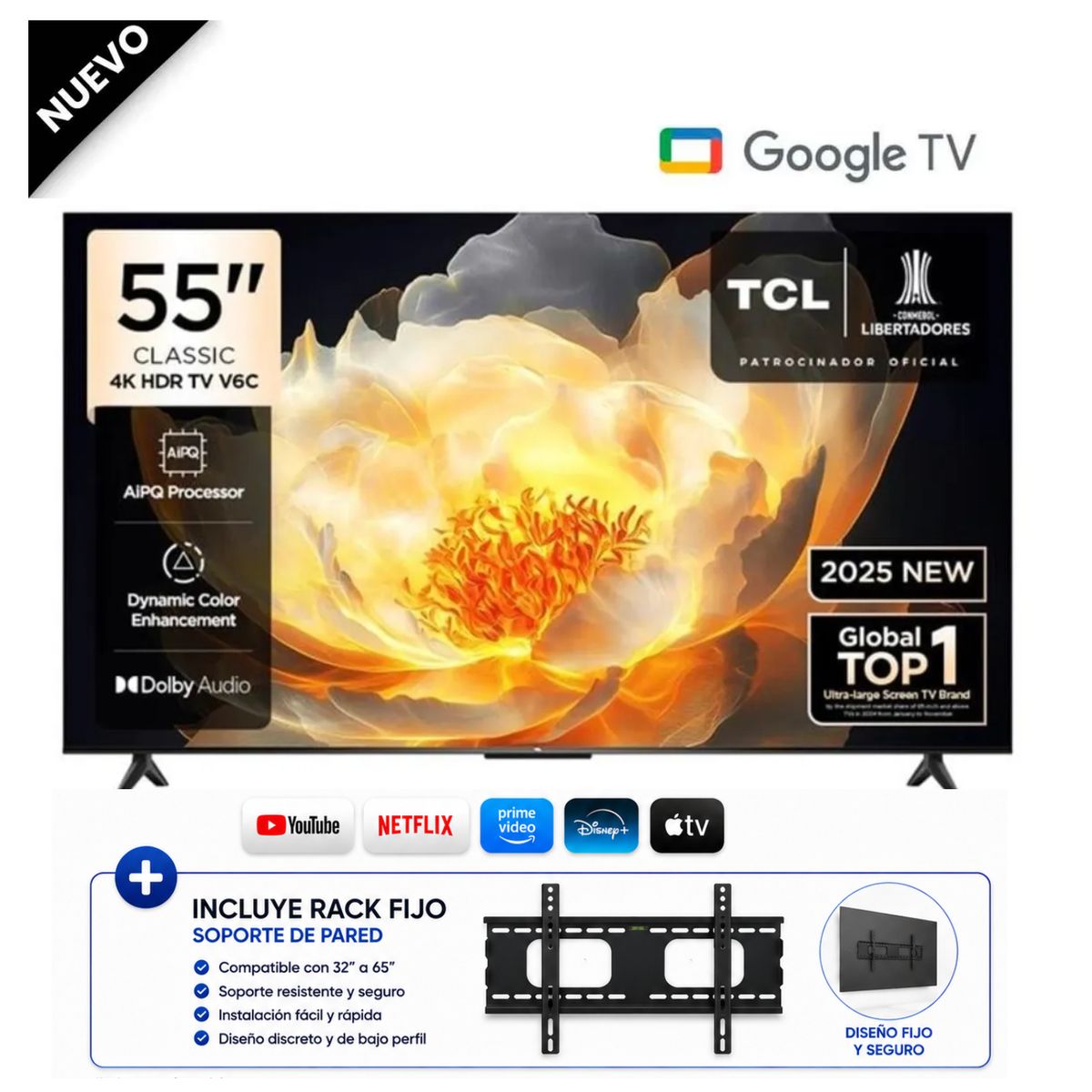 Televisor TCL 55” 4K HDR Google TV Smart TV 55V6C + Rack, marca TCL - Foto Principal