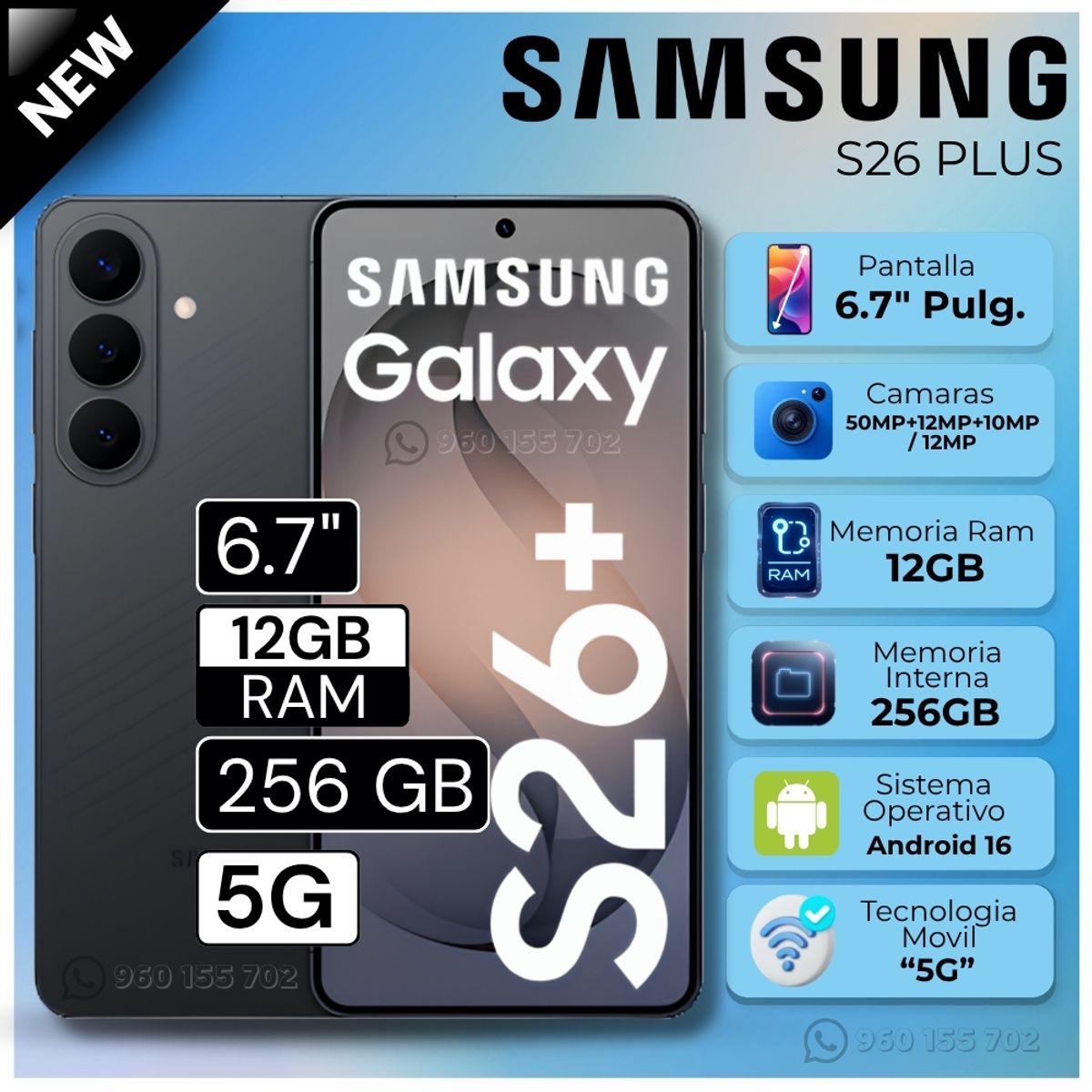 SAMSUNG - Celular Samsung Galaxy S26 Plus 5G 6.7"  Pulg. 12GB RAM 256GB Android 16 - Negro
