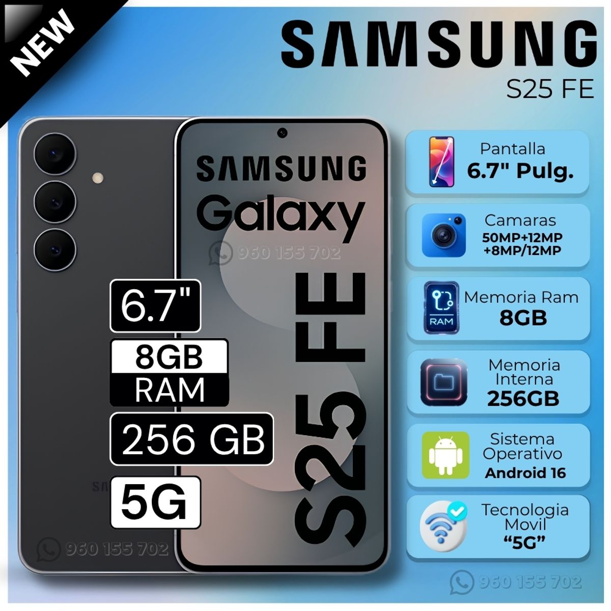 SAMSUNG - Celular Samsung Galaxy S25 FE 5G 6.7"  Pulg. 8GB RAM 256GB Android 16 - Negro