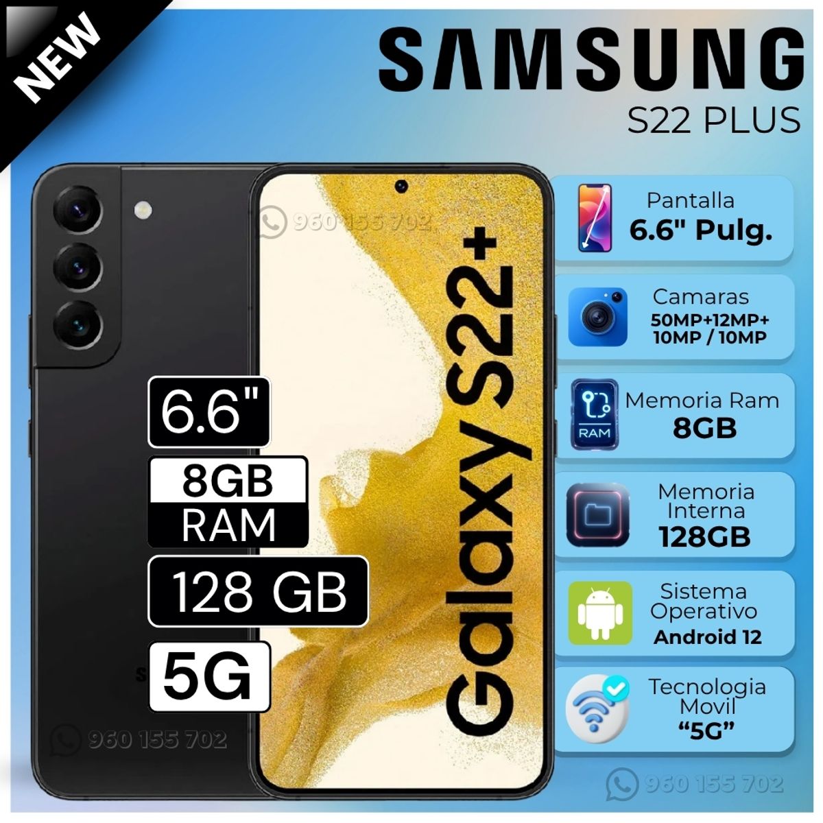 SAMSUNG - Celular Samsung Galaxy S22 Plus 5G 6.6"  Pulg. 8GB RAM 128GB Android 12 - Negro