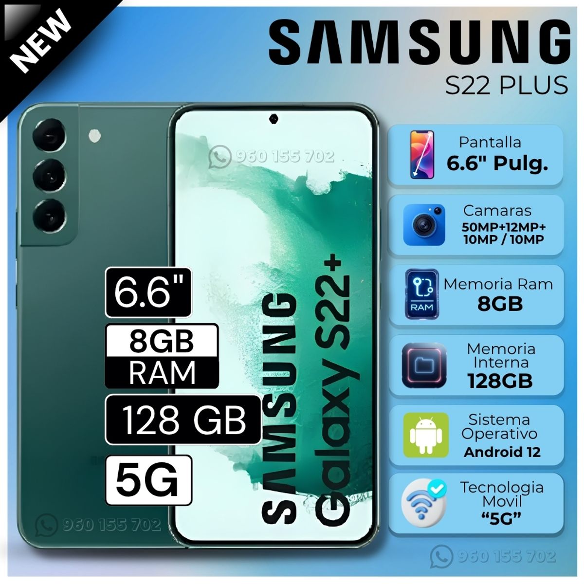 SAMSUNG - Celular Samsung Galaxy S22 Plus 5G 6.6"  Pulg. 8GB RAM 128GB Android 12 - Verde