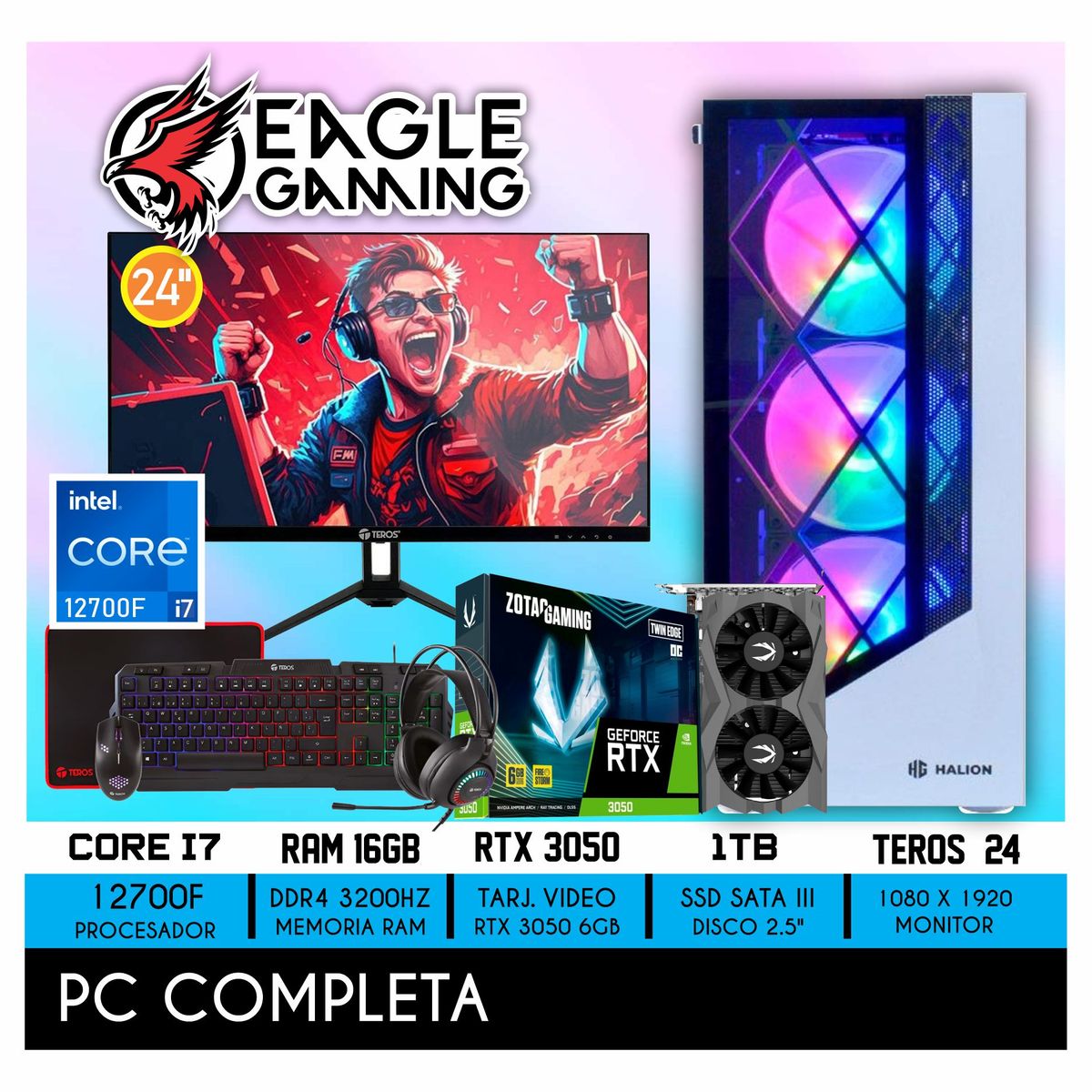 NVIDIA - COMPUTADORA PC GAMER INTEL CORE I7 12700 + RAM16GB + SSD 1TB + RTX 3050 6GB + MONITOR 24 FHD + KIT