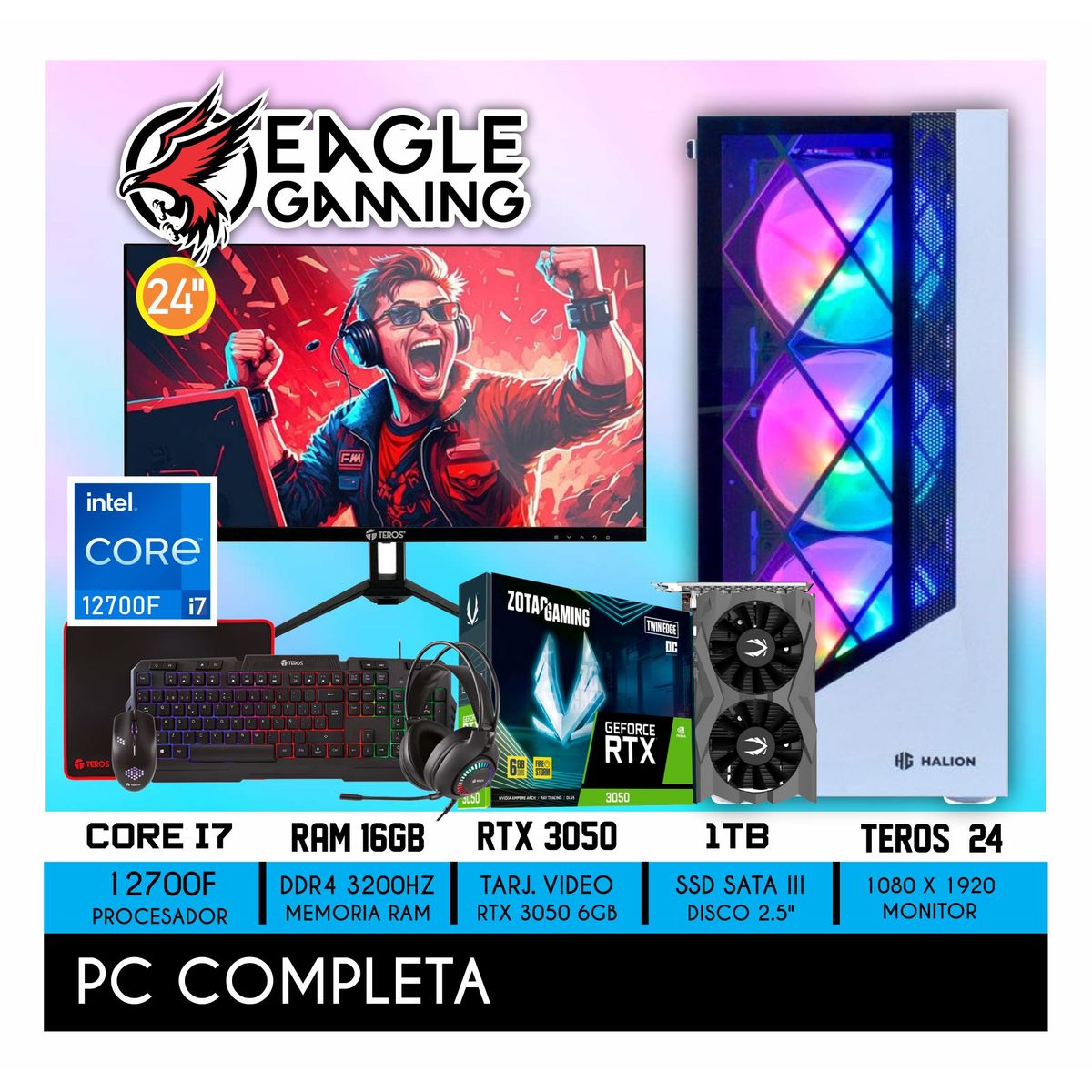 NVIDIA - COMPUTADORA PC GAMER INTEL CORE I7 12700 + RAM16GB + SSD 1TB + RTX 3050 6GB + MONITOR 24 FHD + KIT