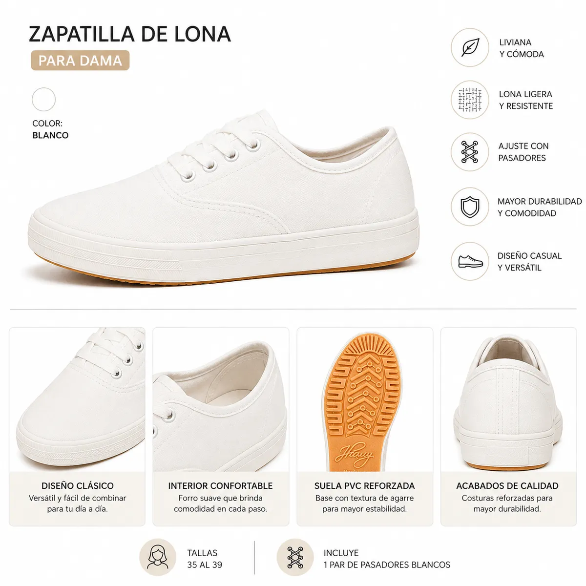 GENERICO - Zapatilla lona blanc negr dama nana personal unifor