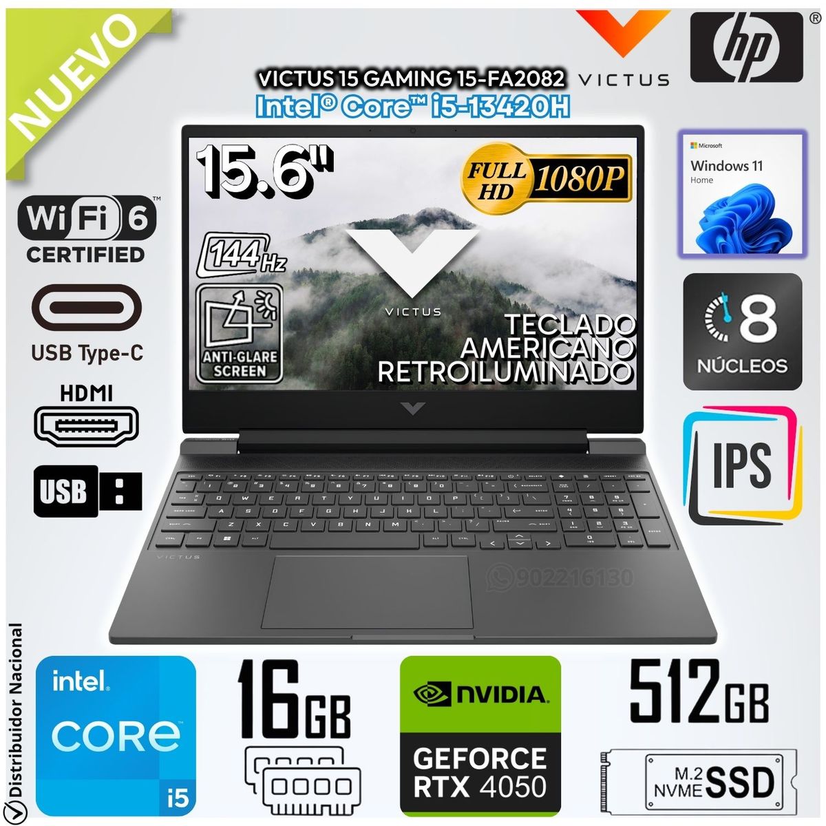 HP - Laptop HP Victus 15-FA2082WM Intel Core i5-13420H 16GB RAM 512GB SSD RTX 4050-6GB 15.6 FHD B5EQ3UA