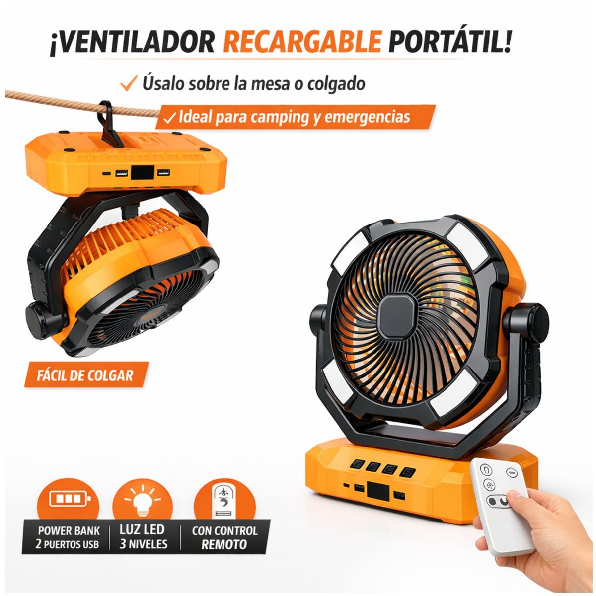 Ventilador Recargable Portátil con Luz LED, Control Remoto y 5 Velocidades, marca CAFINI - Foto 2