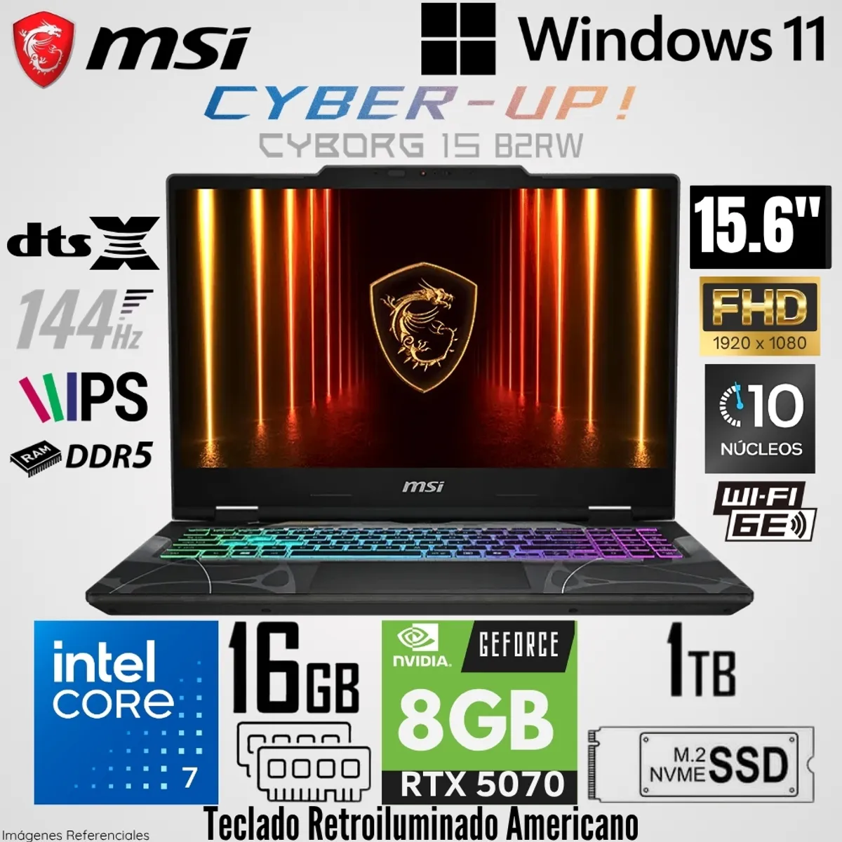Msi - Laptop Msi Cyborg 15 B2RWGKG Intel Core 7 240H 16GB RAM 1TB SSD RTX 5070-8GB 15.6"  FHD 144 Hz