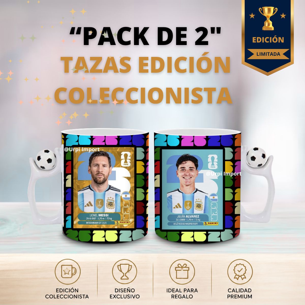 GENERICO - TAZA COPA MUNDIAL 2026  - PACK 2 UNIDADES - LIONEL MESSI Y JULIAN ALVAREZ