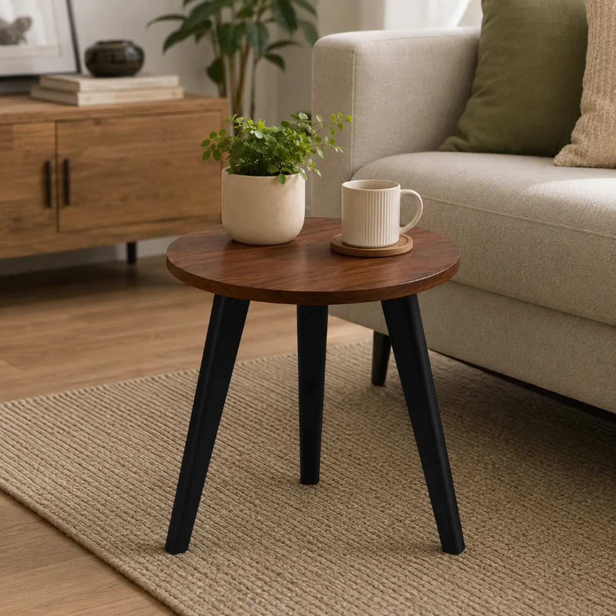 INSPIRA MARKET - Mesa Auxiliar Redonda Moderna 40 cm Madera Nogal con Patas Negras para Sala Dormitorio