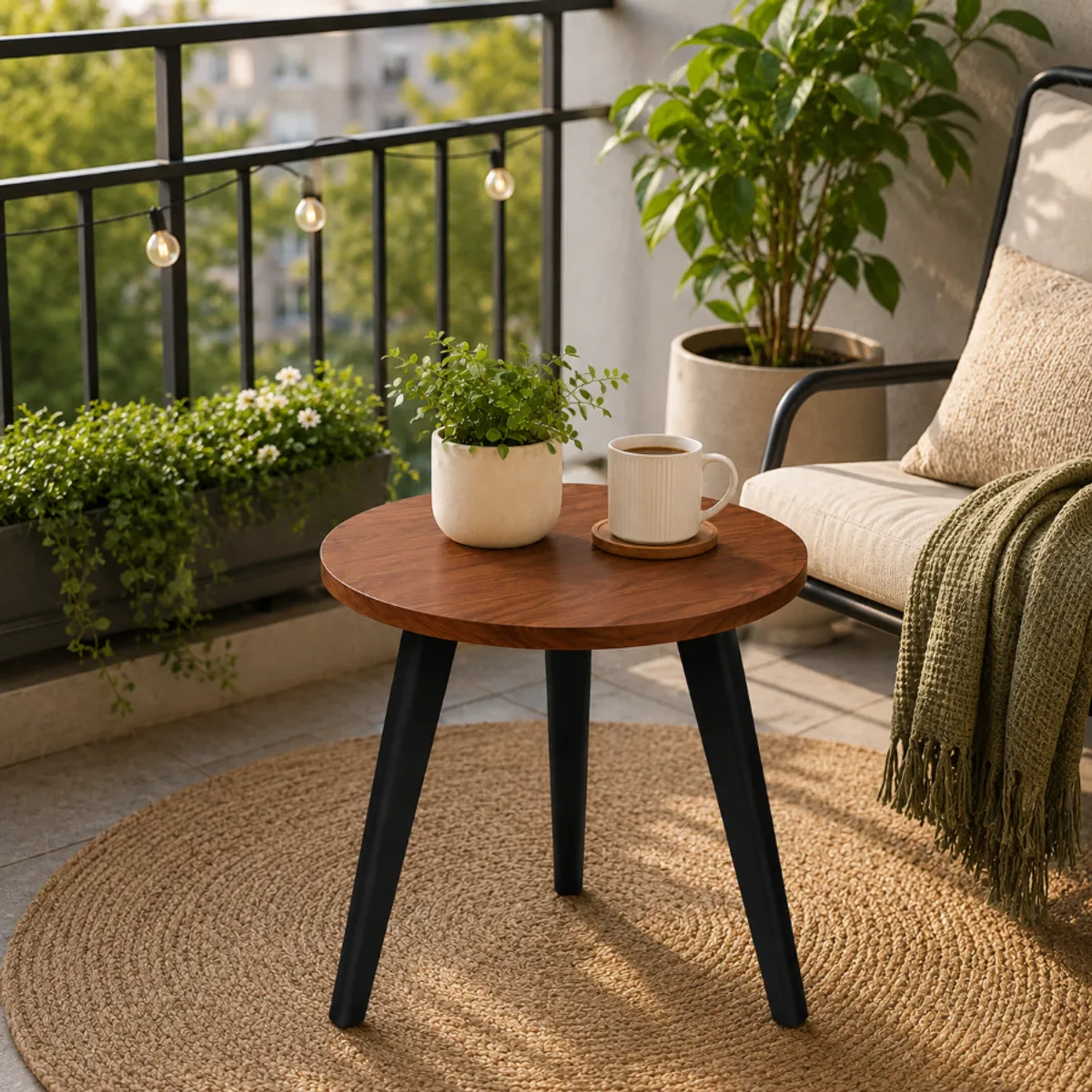 INSPIRA MARKET - Mesa Auxiliar Redonda Moderna 40 cm Madera Nogal con Patas Negras para Sala Dormitorio