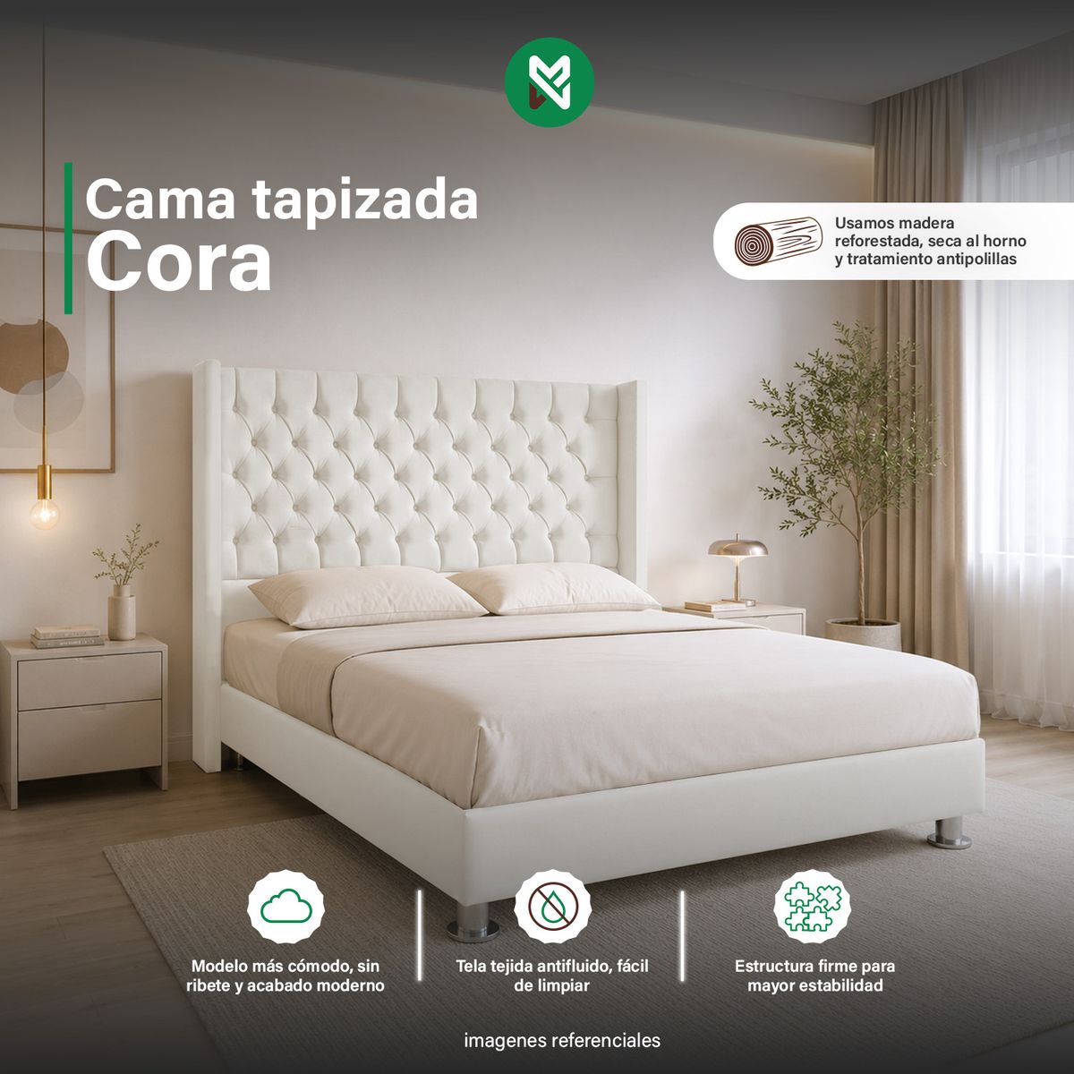 MUEBLES MACRUMO - Cama tapizada Cora 2plz - Color Blanco Ivory