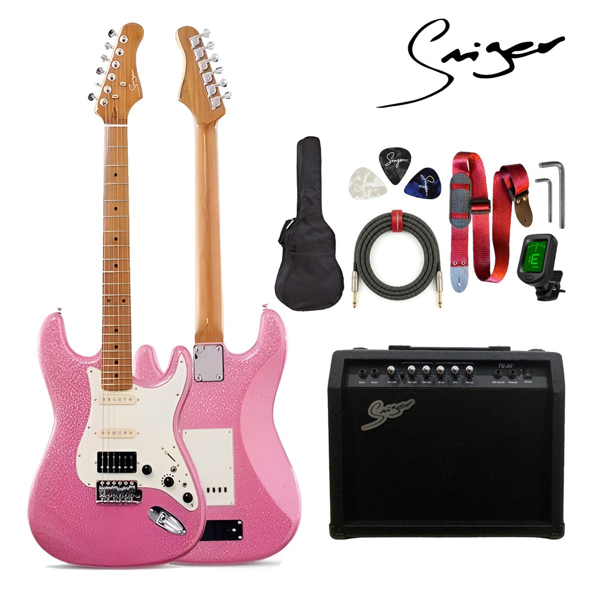SMIGER - Pack Completo de Guitarra Eléctrica Smiger L G2 i3 Rosado y Amplificador Smiger TG30