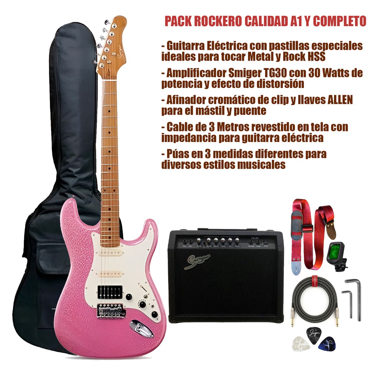 SMIGER - Pack Completo de Guitarra Eléctrica Smiger L G2 i3 Rosado y Amplificador Smiger TG30