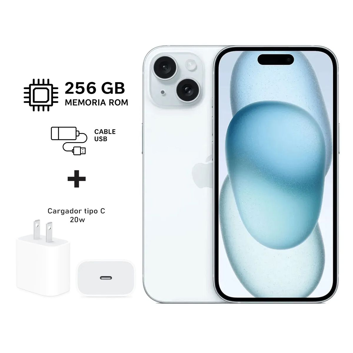 Apple Iphone 15 256gb Celeste Sky + Kit de carga. Reacondicionado A2846, marca APPLE - Foto Principal