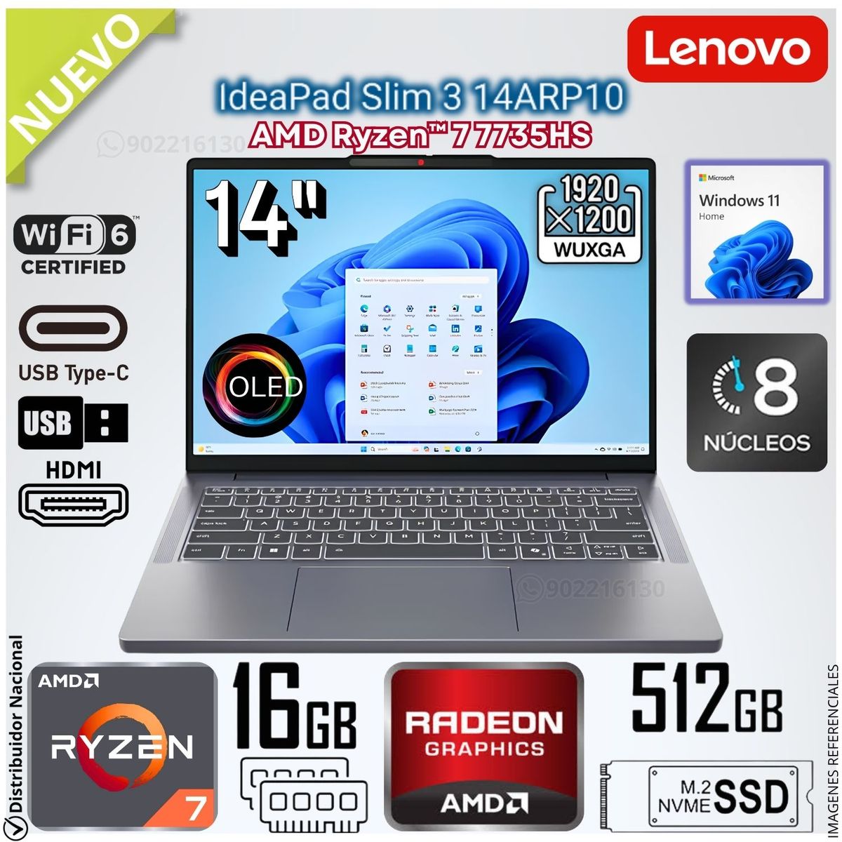 LENOVO - Laptop Notebook LENOVO IDEAPAD SLIM 3 14ARP10 AMD Ryzen™ 7 7735HS 16GB RAM 512GB SSD - 83K6005BLM