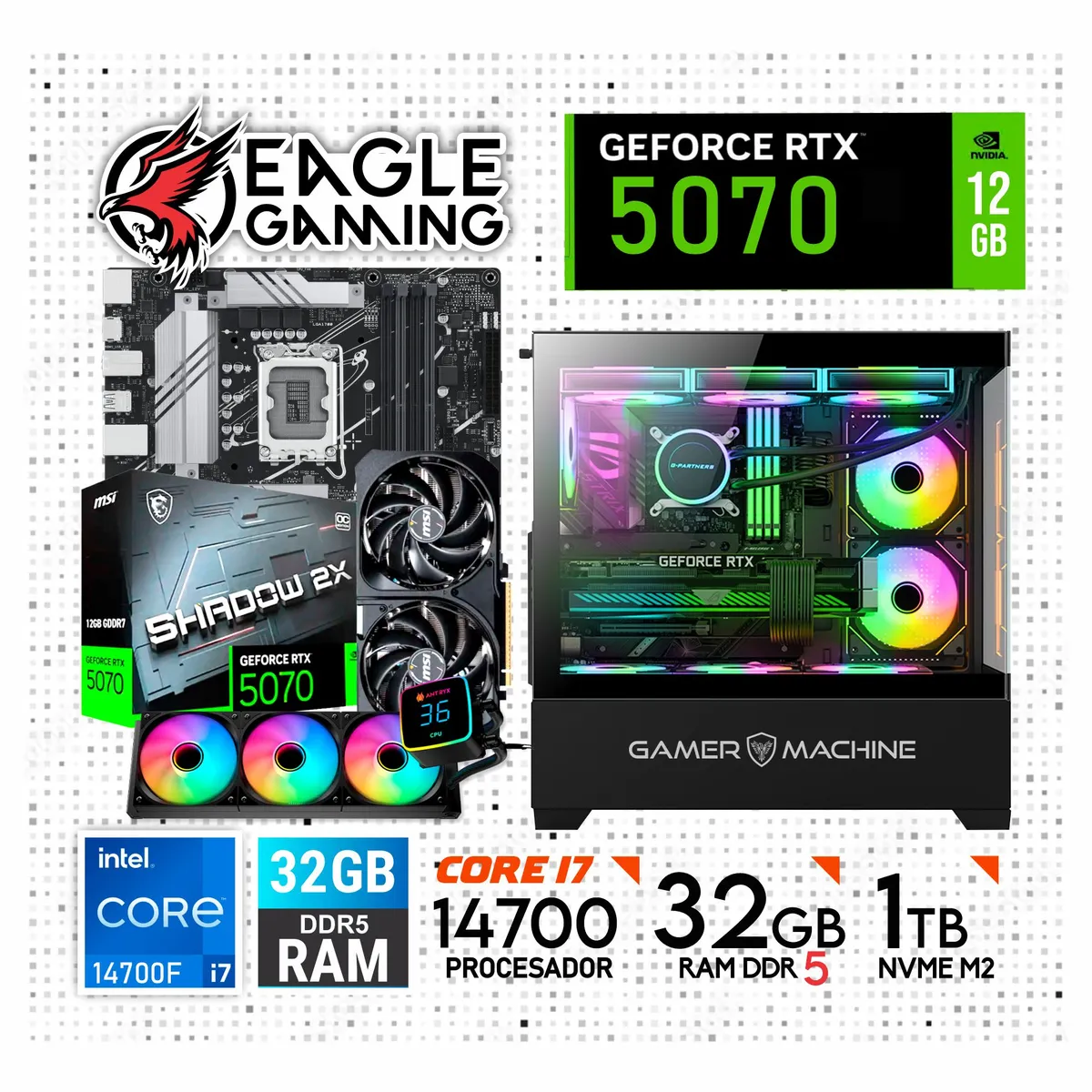 INTEL - Computadora PC Gamer Core i7 14700 RAM 32GB SSD 1TB GRAFICA RTX 5070 12GB(14va Generación).