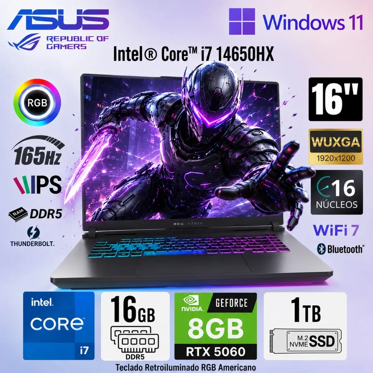 ASUS - LAPTOP ASUS ROG STRIX G16 G615JMR-AS74 INTEL CORE I7-14650HX 16GB 1TB  RTX 5060 8GB 16" FHD+ 165HZ