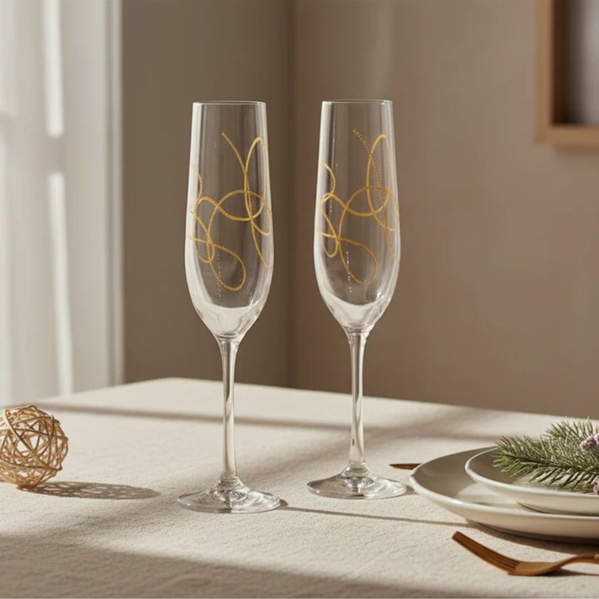 BOHEMIA CRYSTAL - String Gold Flute 190ml Bohemia Cristal Glass - Set x 2 copas