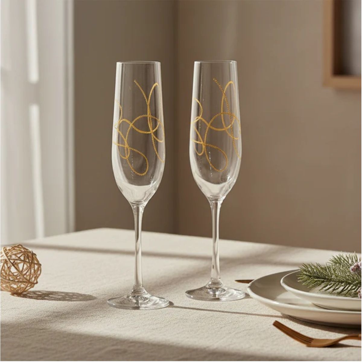 BOHEMIA CRYSTAL - String Gold Flute 190ml Bohemia Cristal Glass - Set x 2 copas