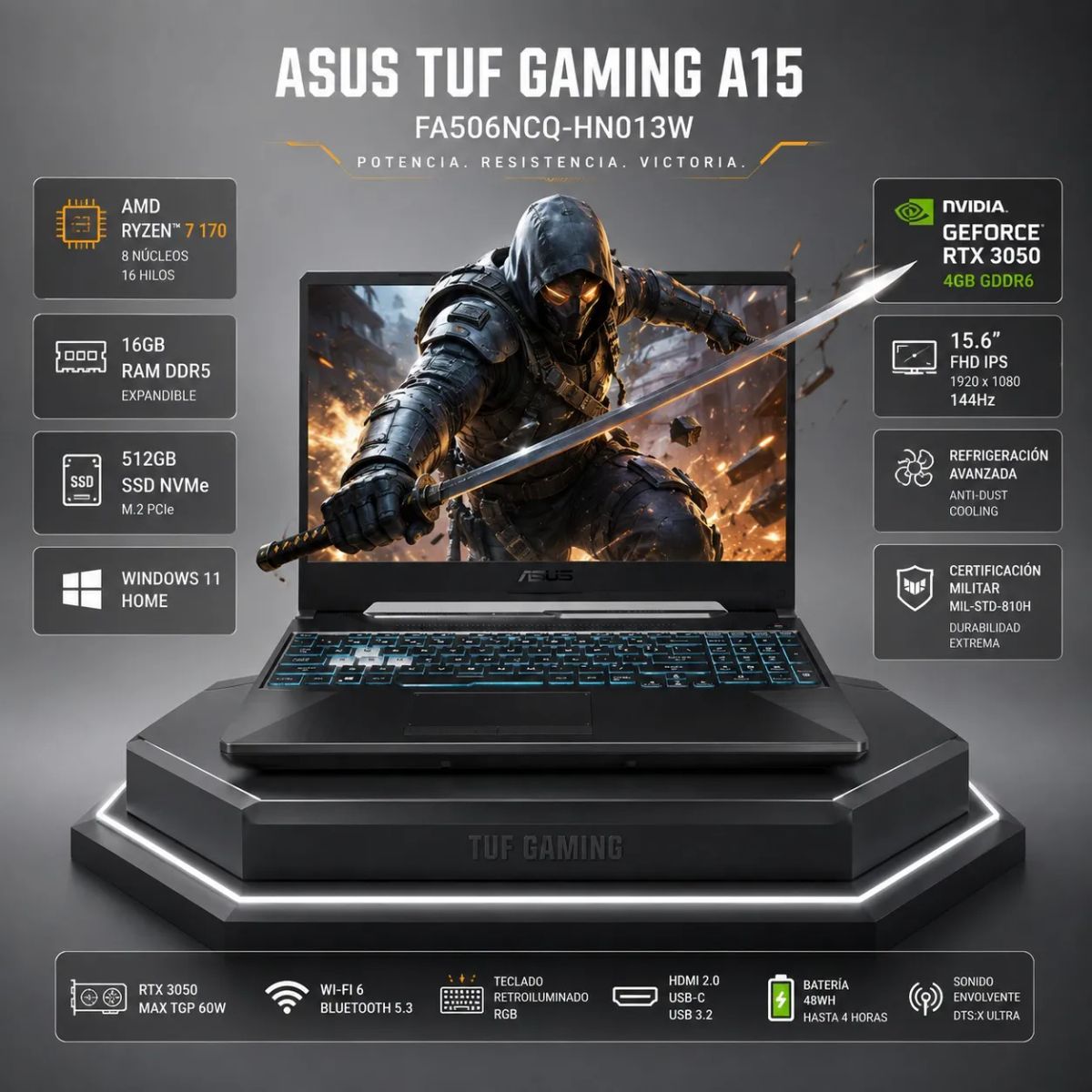 ASUS - Laptop Asus Tuf Gaming A15 AMD Ryzen 7 170 RTX 3050 8Gb RAM 512 SSD FA506NCQ-HN012W 15.6 pul