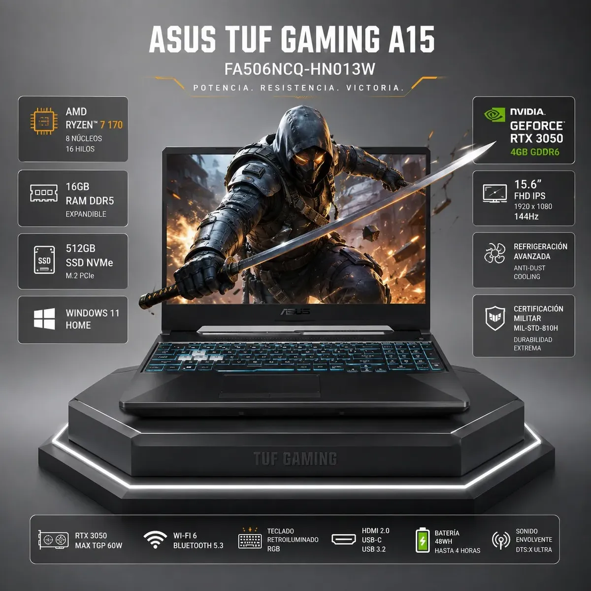 ASUS - Laptop Asus Tuf Gaming A15 AMD Ryzen 7 170 RTX 3050 8Gb RAM 512 SSD FA506NCQ-HN012W 15.6 pul
