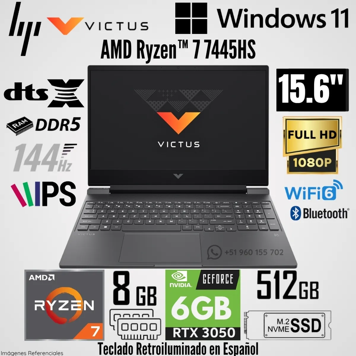 HP - Laptop HP Victus Gaming 15-FB3019la AMD Ryzen 7 7445HS 8GB RAM 512GB SSD RTX 3050-6GB 15.6"  FHD