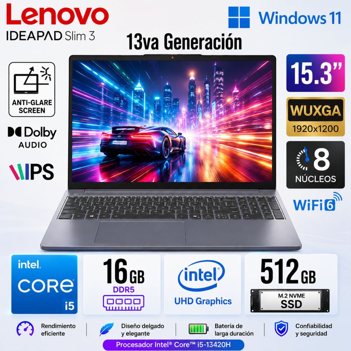 LENOVO - Laptop Lenovo IdeaPad Slim 3 Intel Core i5-13420H 16GB RAM 512GB SSD 15.3"  WUXGA IPS - 83K100C3LM