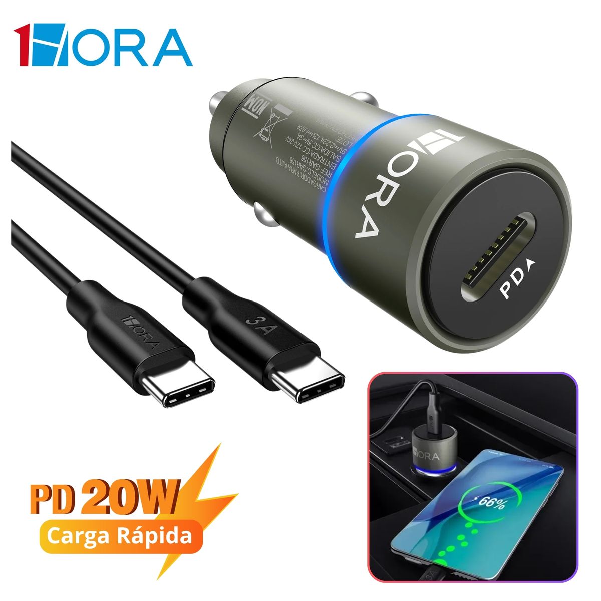 SEISA - Cargador Auto Carga Rapida 20W + Cable Type C 1HORA para Iphone Samsung  Honor Oppo Iphone Xioami