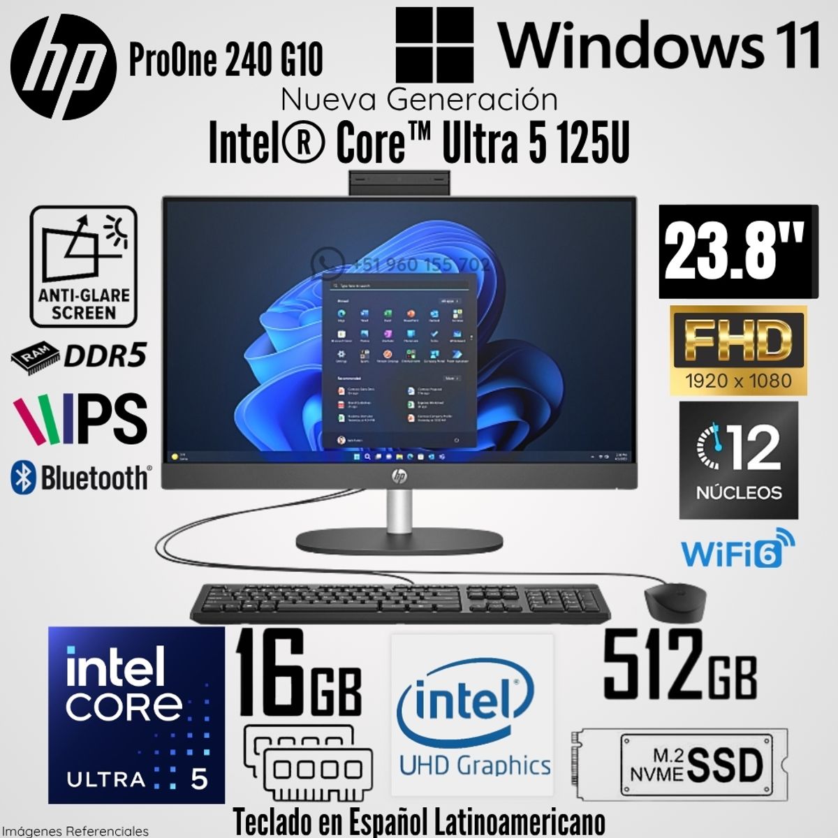 HP - All in One Hp ProOne 240 G10 Intel Core Ultra 5 125U 16GB 512GB SSD 23.8"  FHD