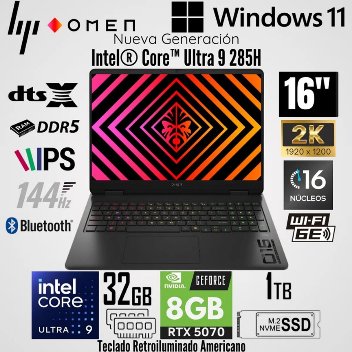 HP - Laptop HP OMEN SLIM 16-AN0075CL Intel Core Ultra 9 285H 32GB RAM 1TB SSD RTX 5070-8GB 16" WUXGA
