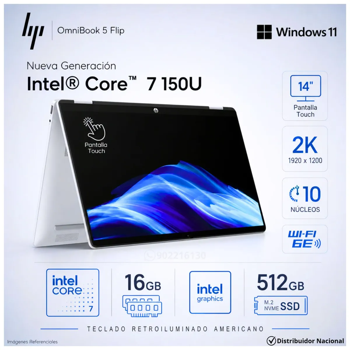HP - Laptop 2 en 1 HP OmniBook 5 Flip 14-FP0023DX Intel Core 7 150U 16GB RAM 512GB SSD 14"  2K Touch Silver - B86Q7UA