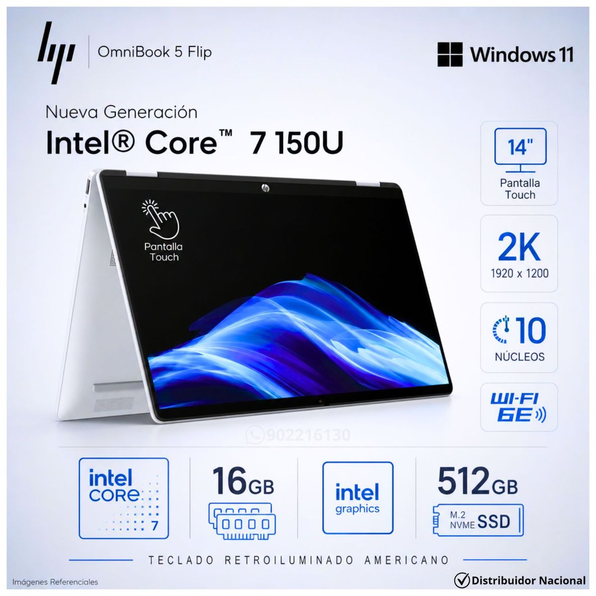 HP - Laptop 2 en 1 HP OmniBook 5 Flip 14-FP0023DX Intel Core 7 150U 16GB RAM 512GB SSD 14"  2K Touch Silver - B86Q7UA