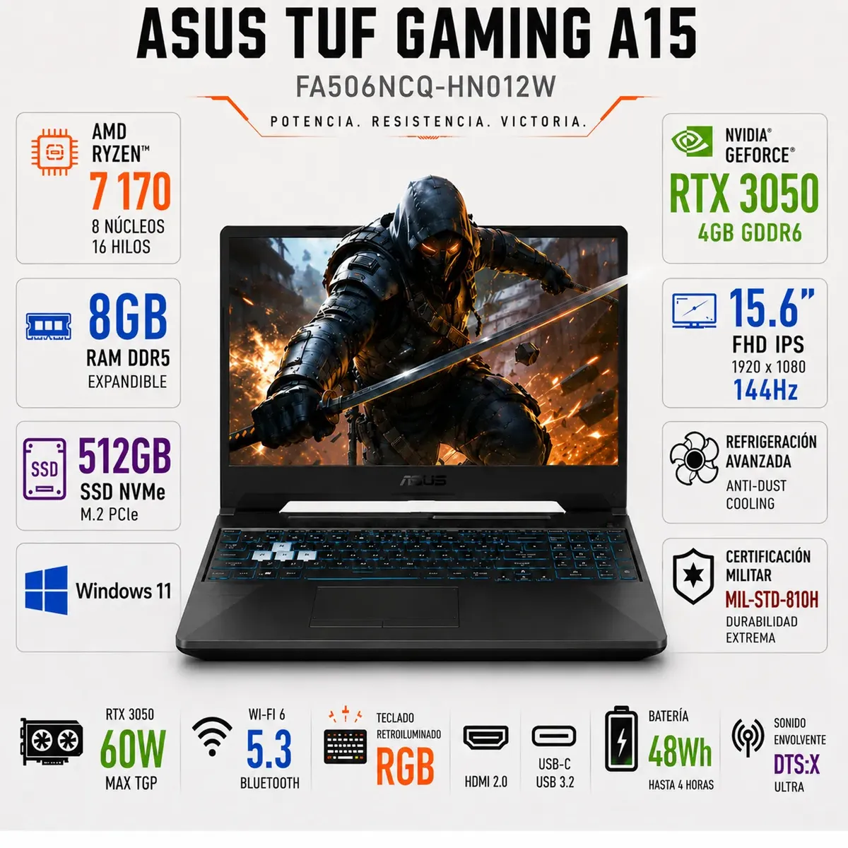ASUS - Laptop Asus Tuf Gaming A15 AMD Ryzen 7 170 RTX 3050 8Gb RAM 512 SSD FA506NCQ-HN012W 15.6 pul