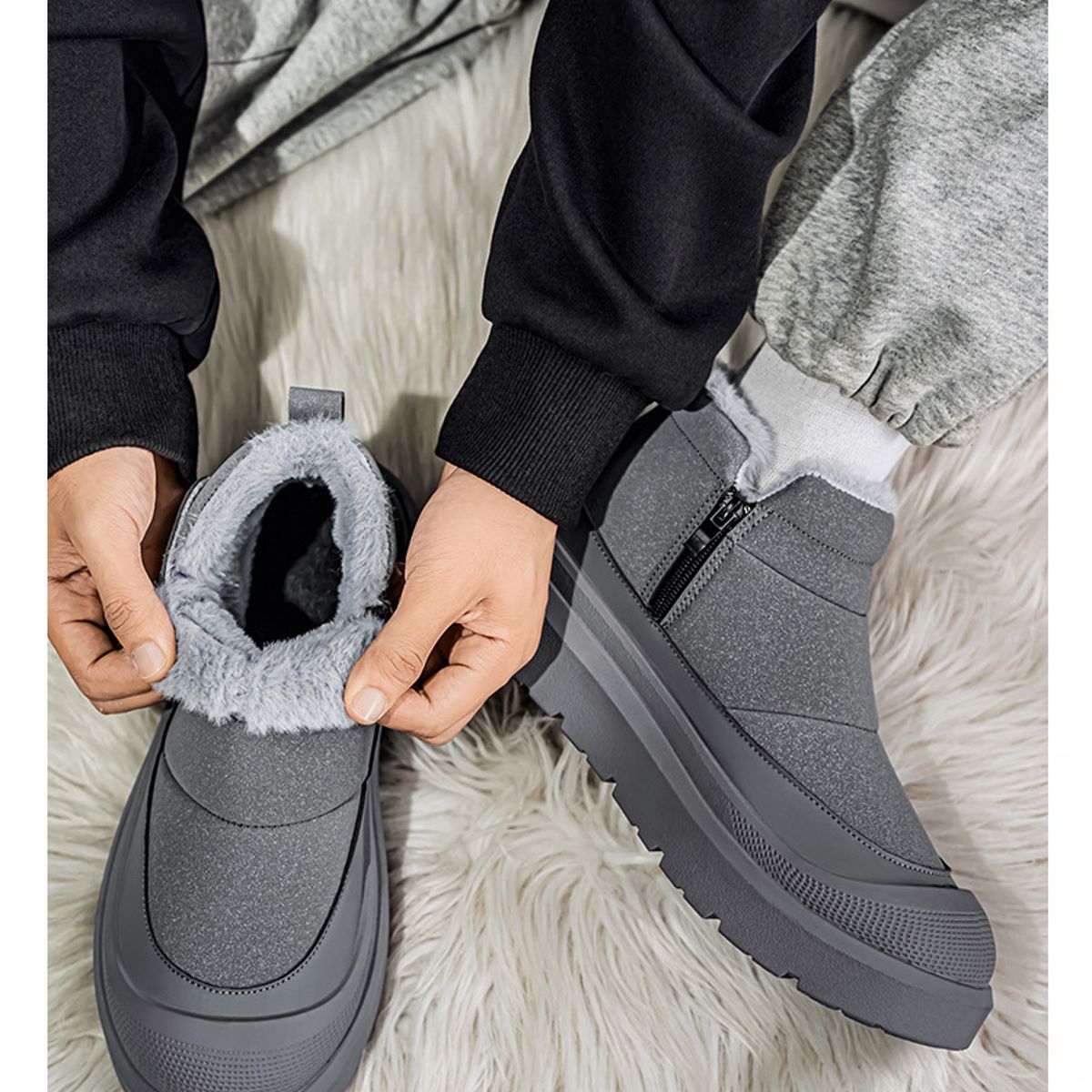TIOZONEY - Botas de nieve cortas de felpa para Hombre - Gris